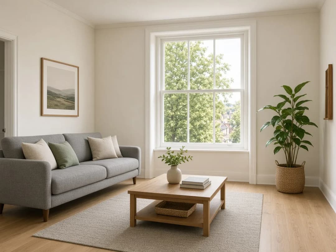 The same living room brightened and straightened after editing