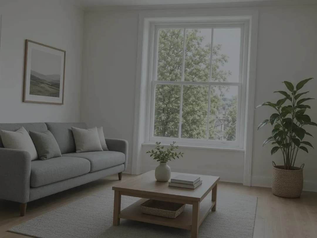 A dim, slightly crooked living room photo before editing